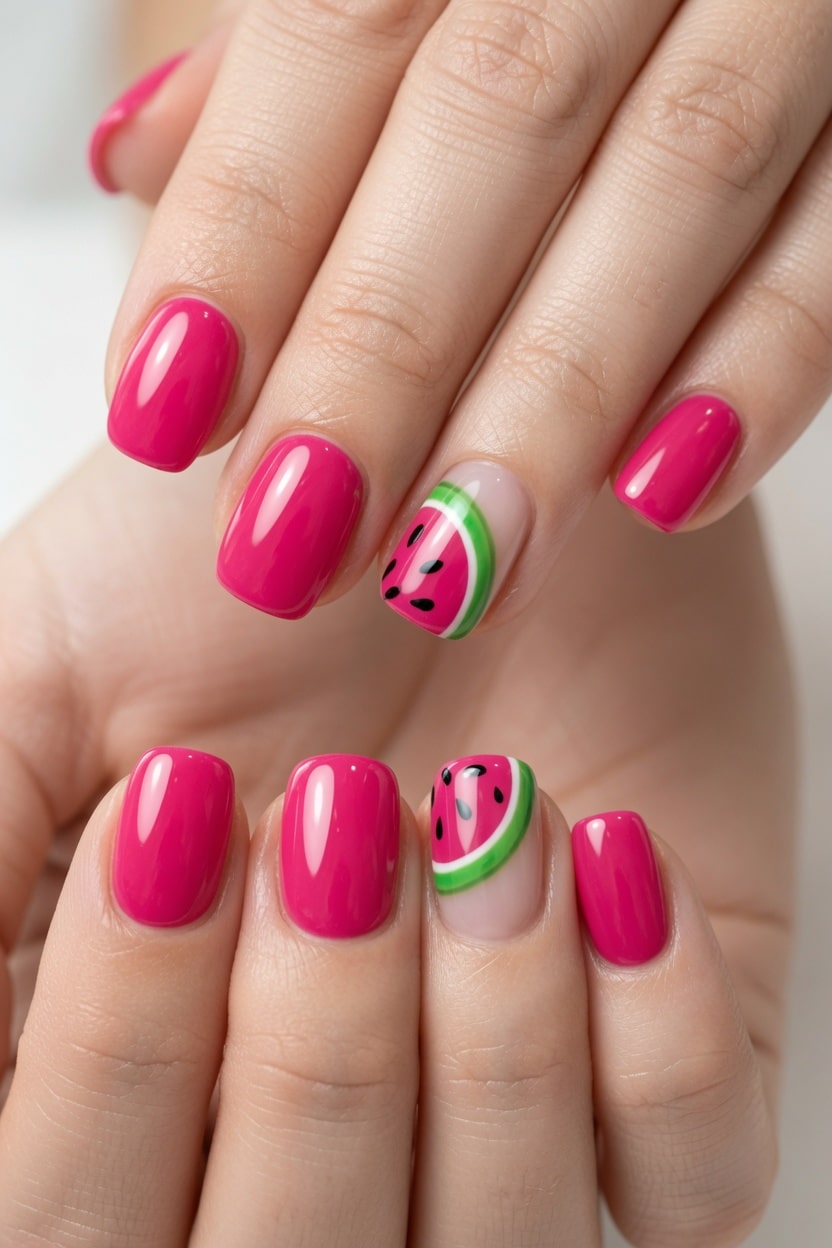 Dark red aura nails with green rind accents at the cuticles