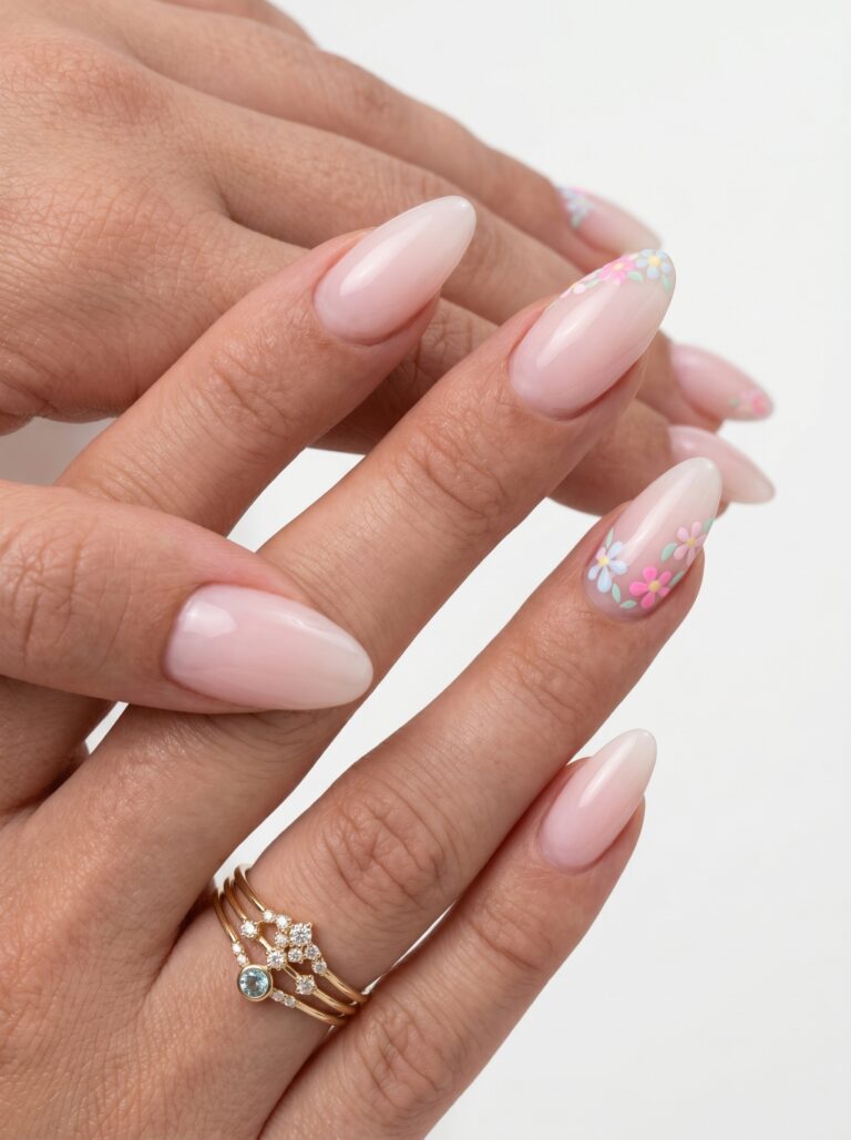 White French tip nails with small gold star accents on a nude base