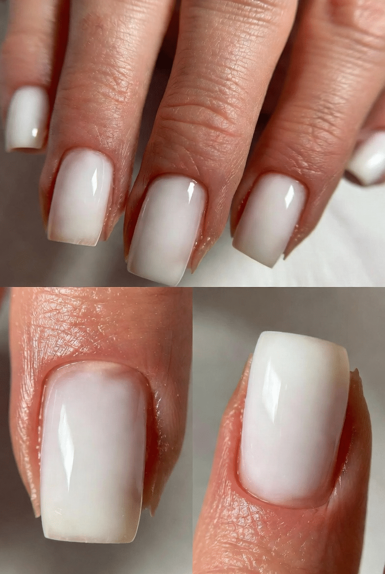 White summer nails with a soft pearly chrome finish