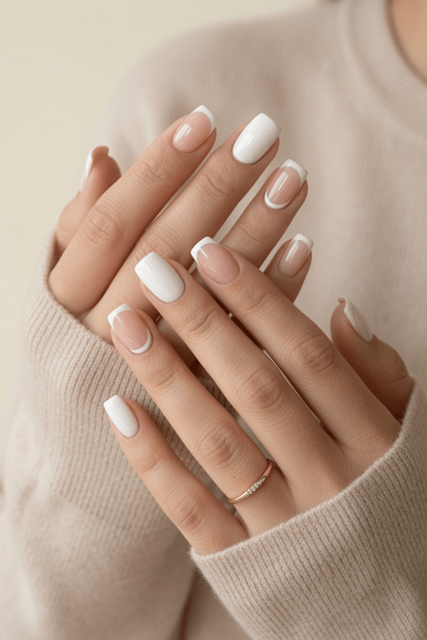 White micro French tips on short almond nails