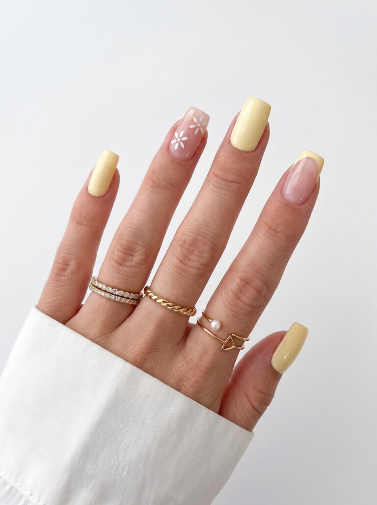 Yellow almond nails with white daisy and glossy accent details