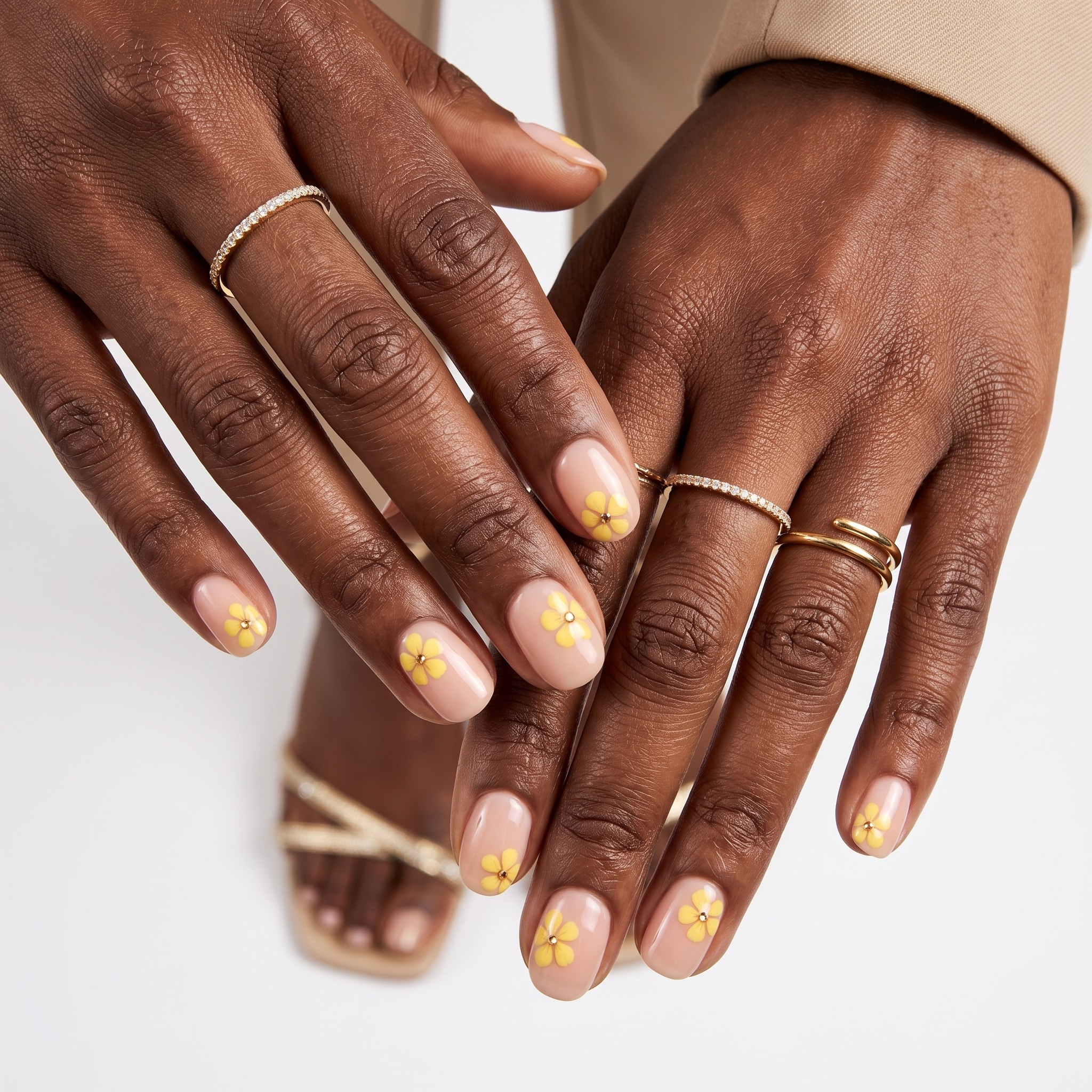 Short nude nails with yellow French tips and tiny flower details