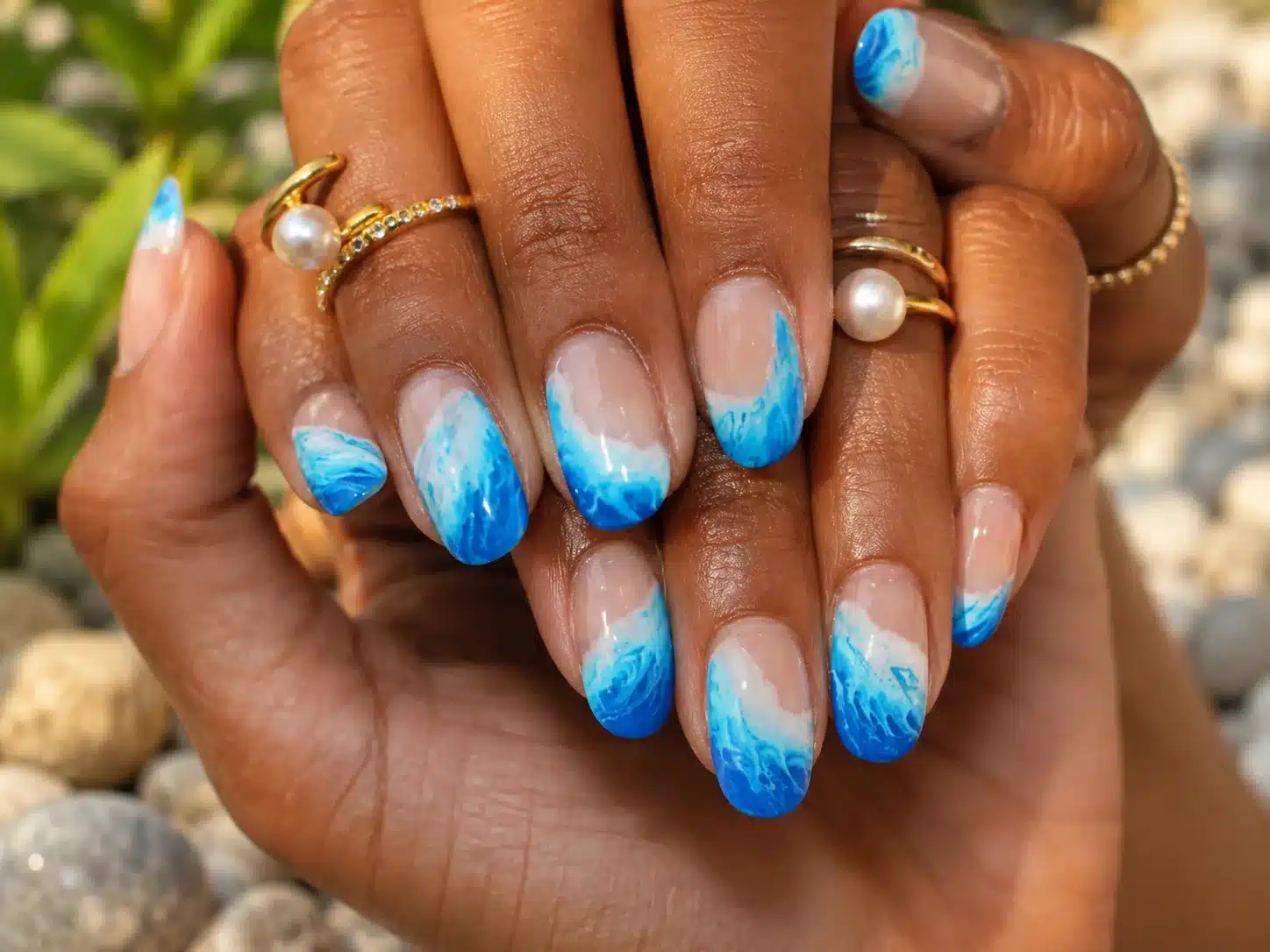 Summer Beach Nail Inspo: 11 Mermaid Manicure Ideas 1 Summer beach nail inspo with blue ocean ombre and pearl details