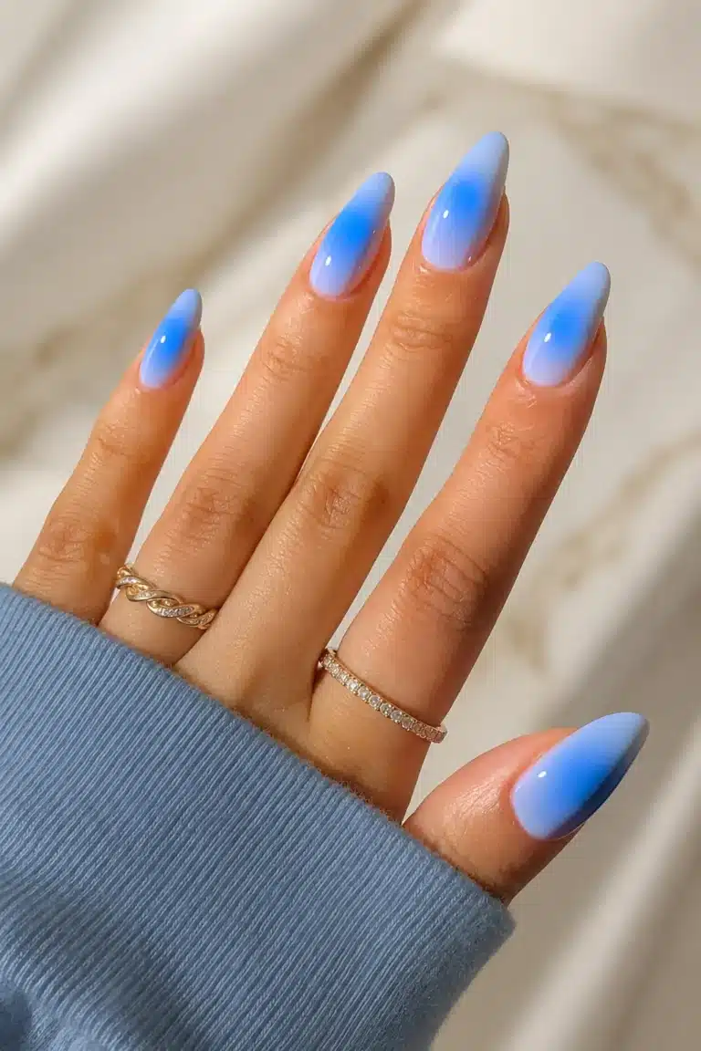 Blue summer nail inspo with cobalt ombre almond nails