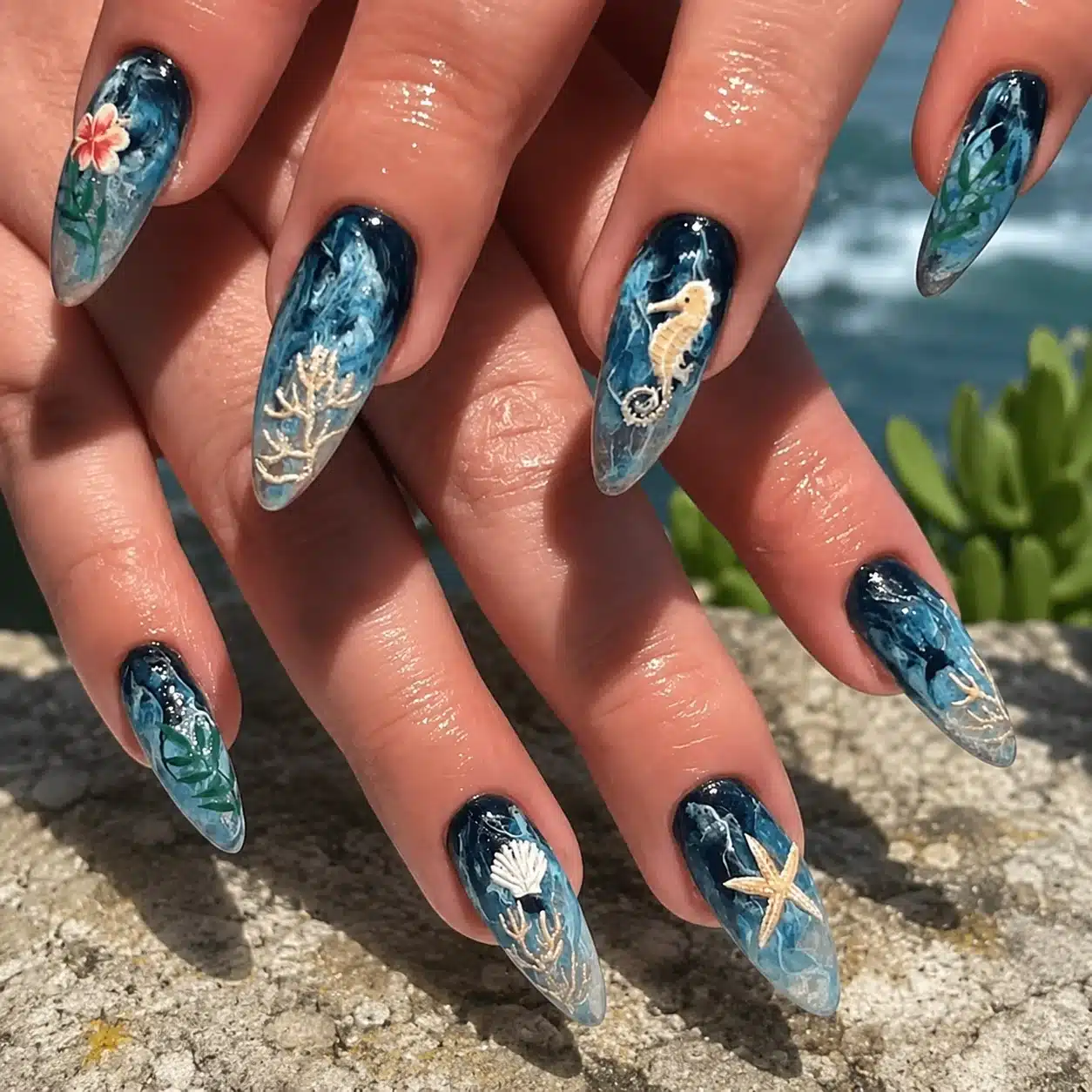 Summer Beach Nail Inspo: 11 Mermaid Manicure Ideas 3 Deep blue mermaid nails with ocean texture