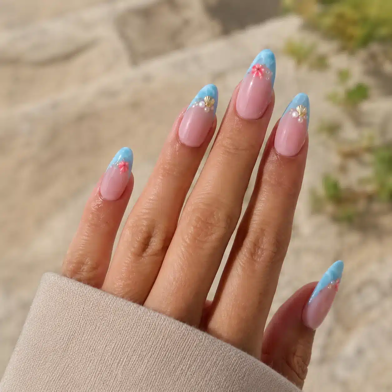 Summer Beach Nail Inspo: 11 Mermaid Manicure Ideas 5 Pastel ocean French nails with blue and pink tips