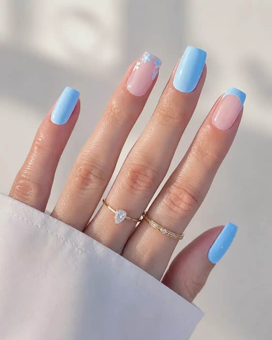 Blue and coral color block summer nail design