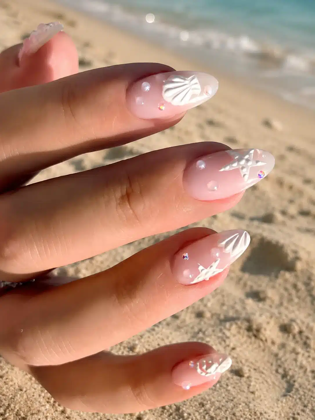 12 Simple Summer Nail Inspo Ideas to Try This Season 7 Pink glitter summer nails at the beach