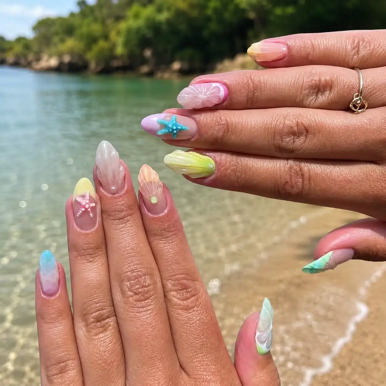 Summer Beach Nail Inspo: 11 Mermaid Manicure Ideas 8 Pastel beach nail art with colorful ocean details