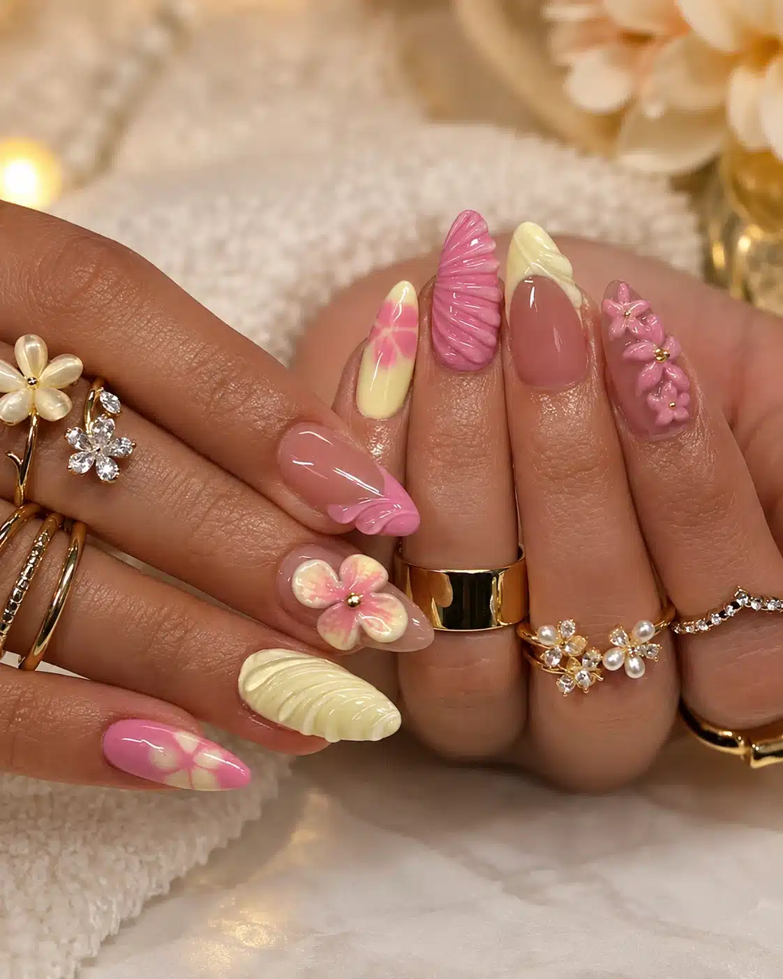 Summer acrylic nails with 3D floral accents
