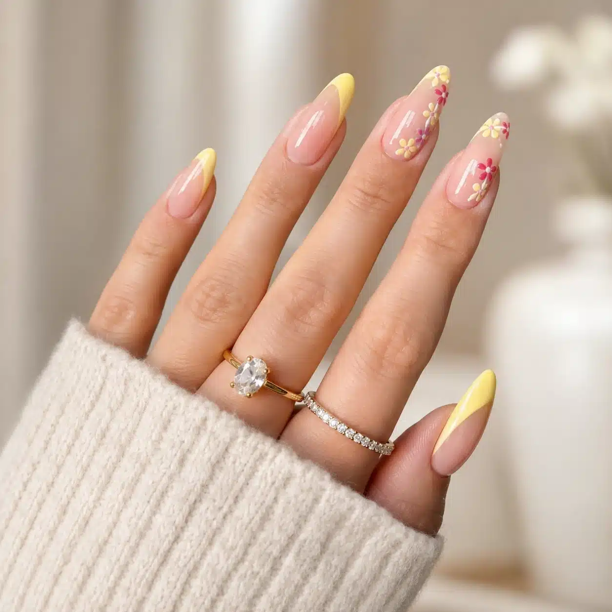Soft almond acrylic nails with summer French color