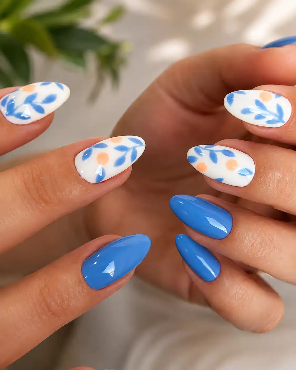 Blue summer acrylic nails with glossy nail art