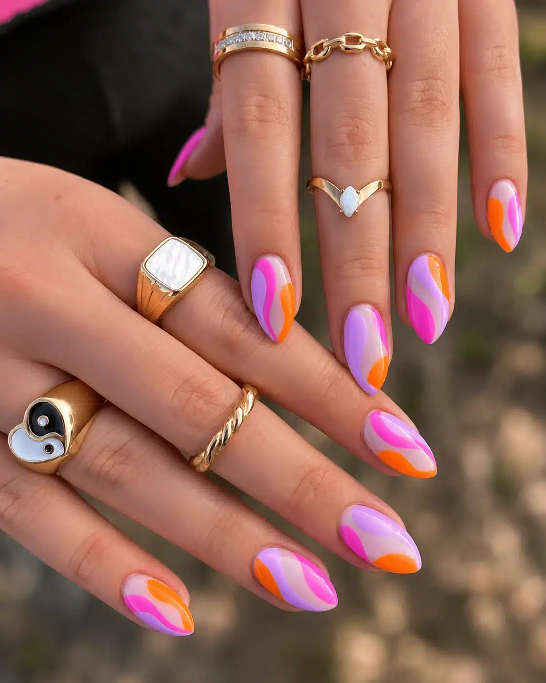 Bright graphic French acrylic nails for summer