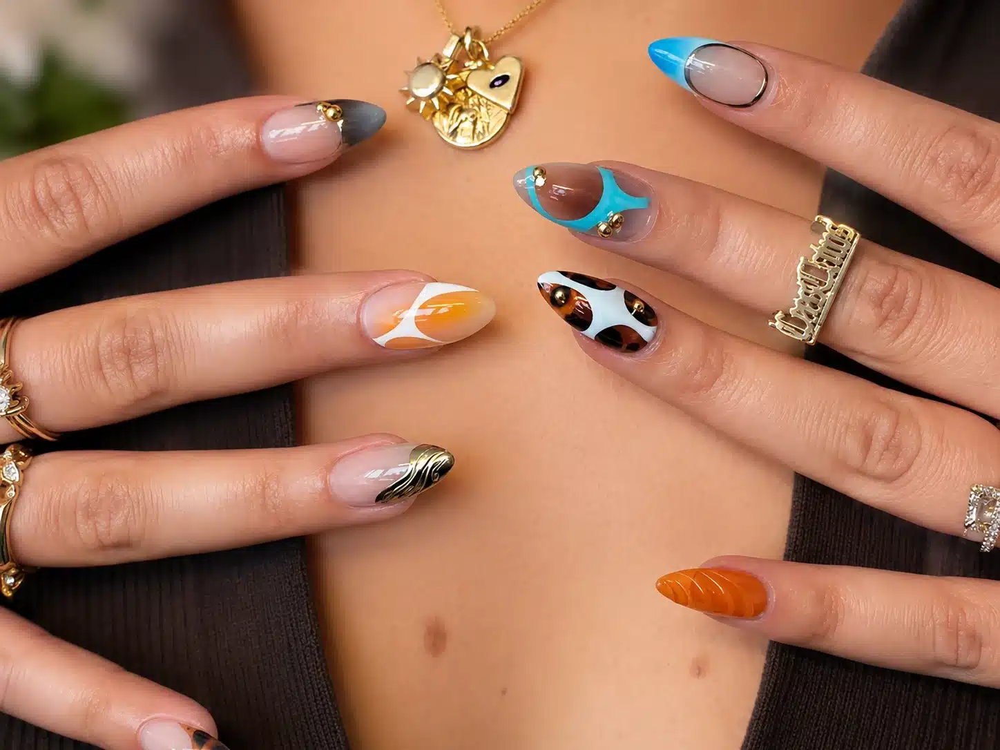 Mixed summer acrylic nail art with colorful accents