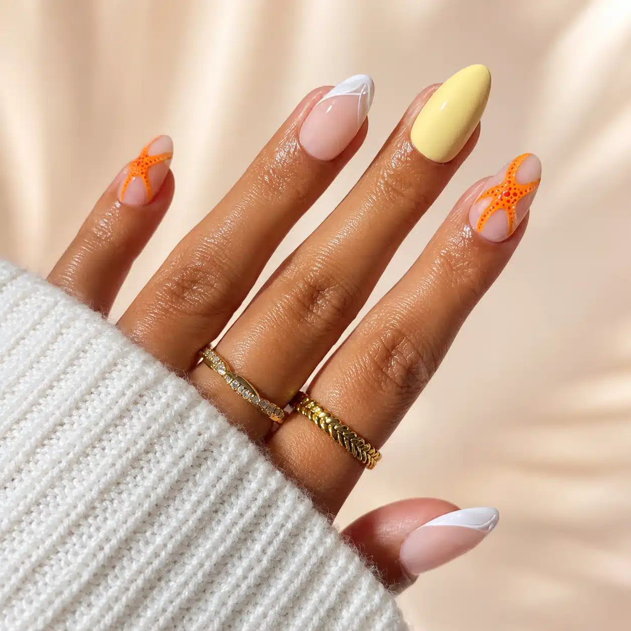 Almond nails inspo summer with lemon yellow and orange nail art