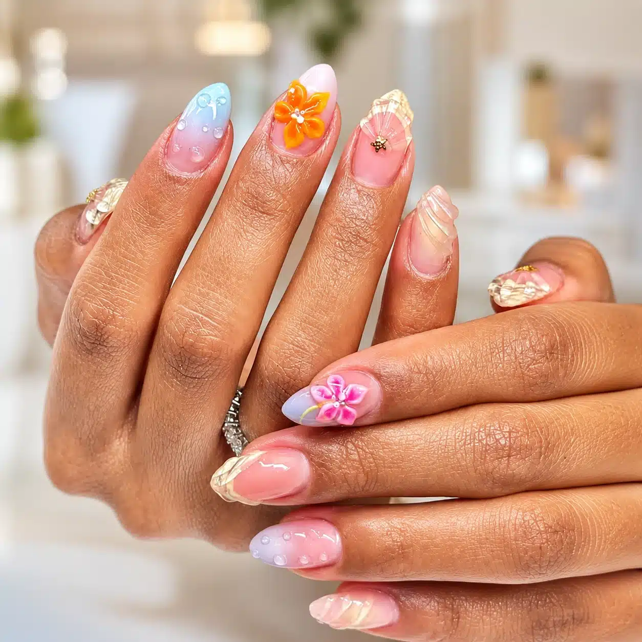 Pink floral almond nails for summer