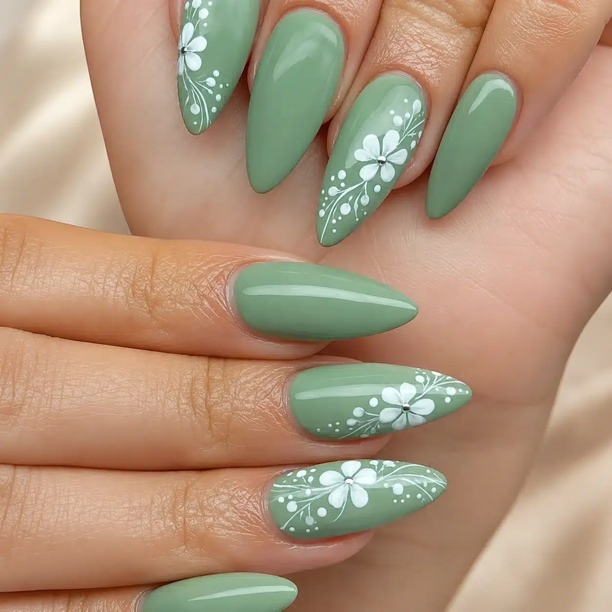 Sage green almond nails with white floral summer accents