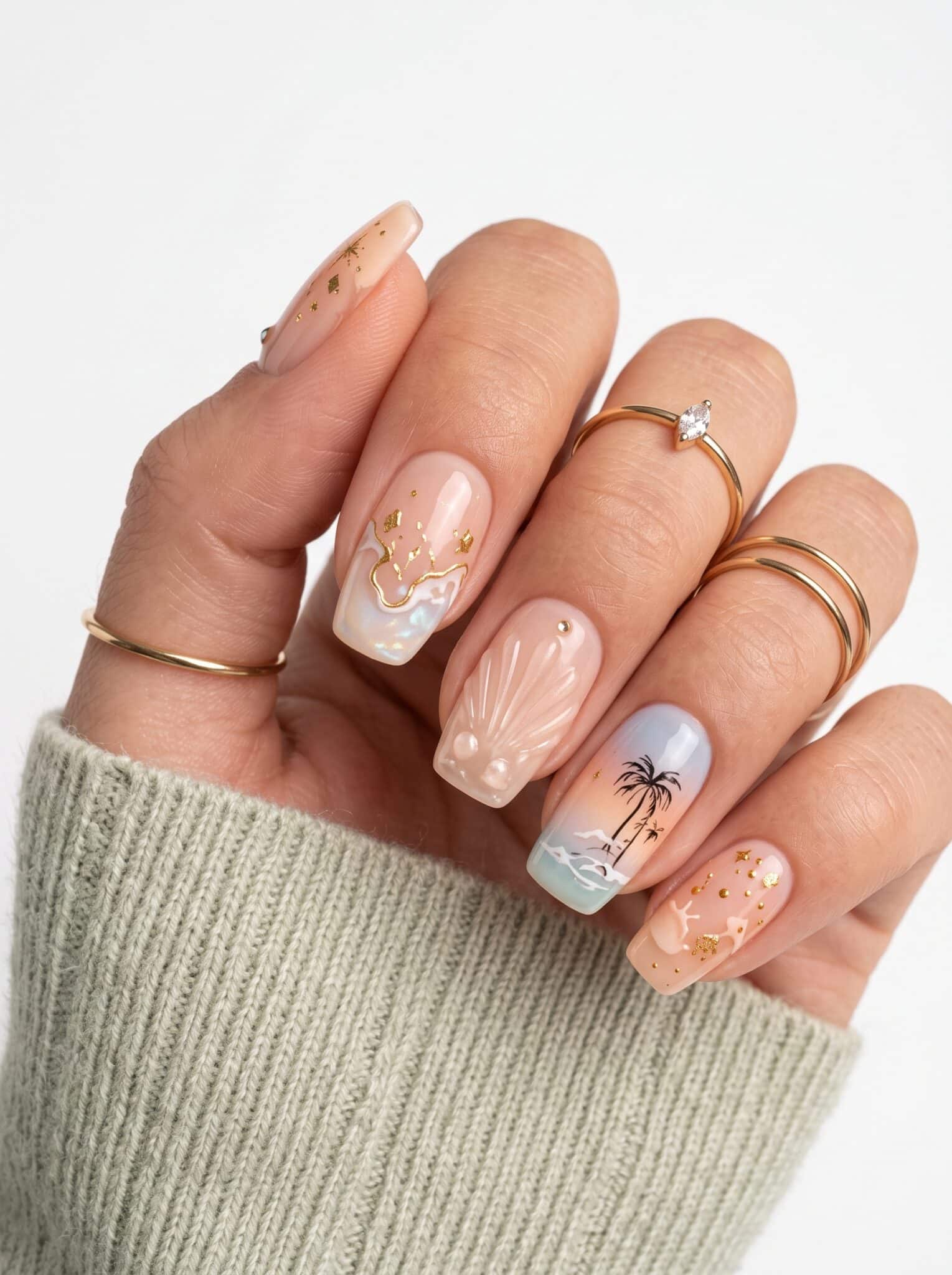 Beachy sheer glossy nails with soft shimmer and neutral accents