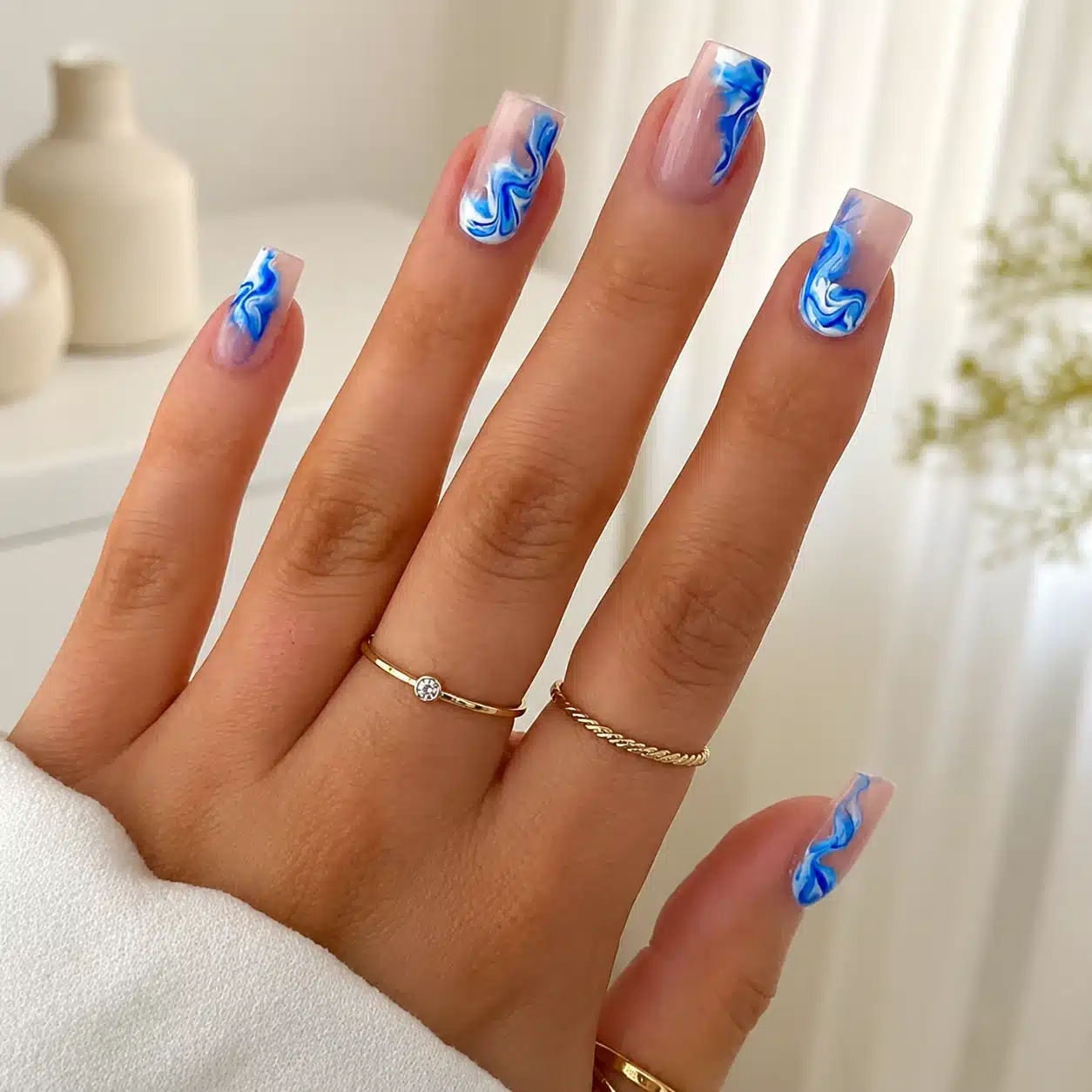 Blue graphic square summer nails