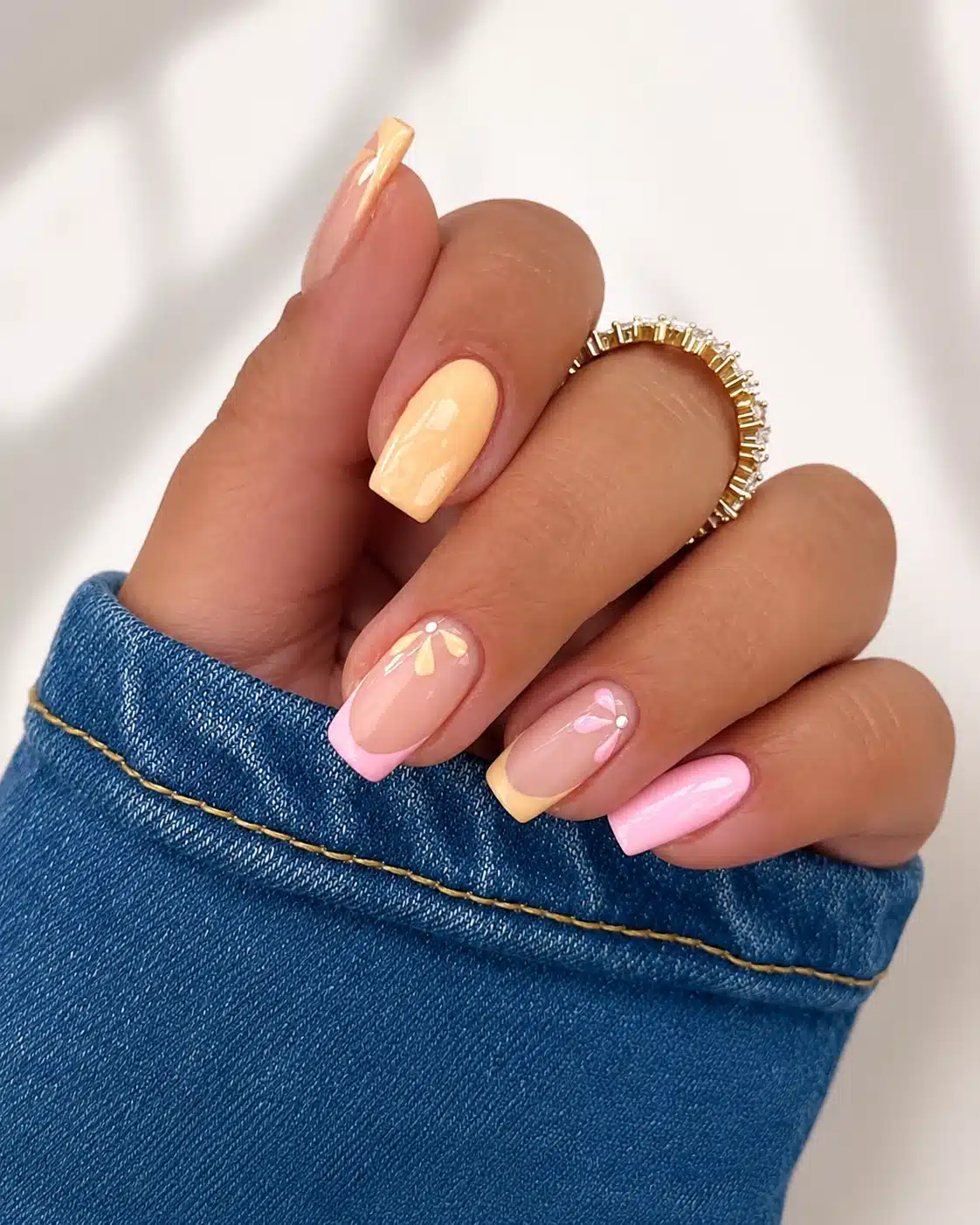 Butter yellow and pink square summer nails