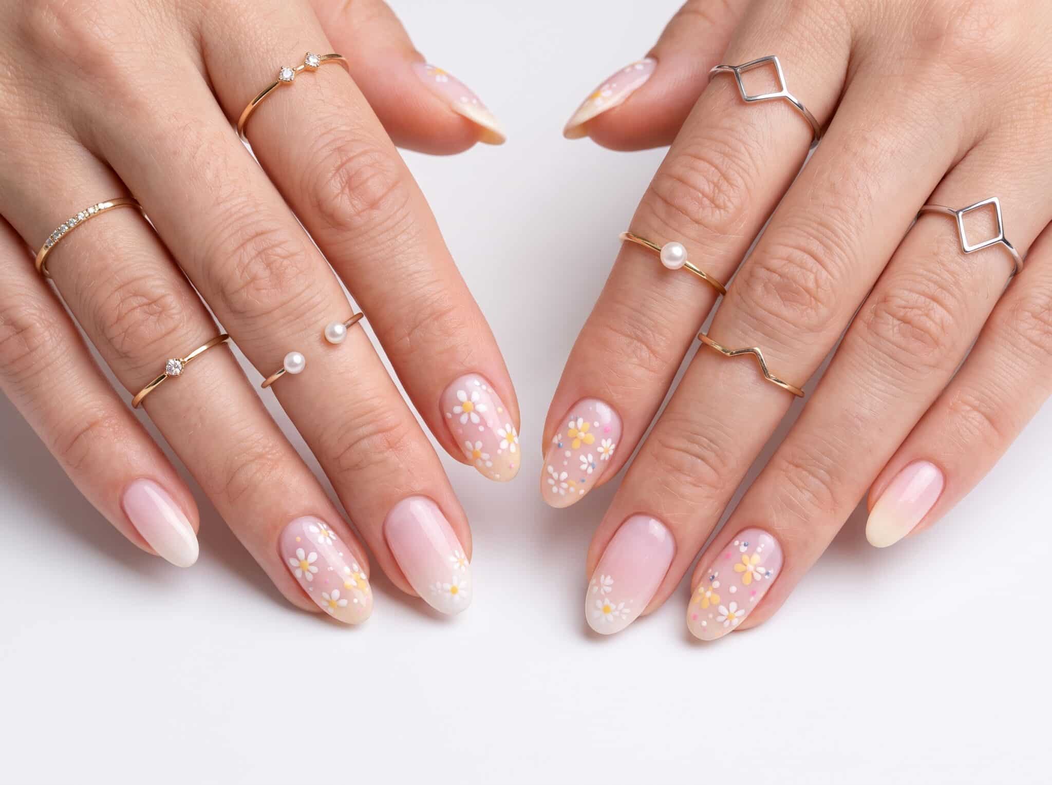 Colorful summer flower nail art mix with blue pink red and floral accent designs