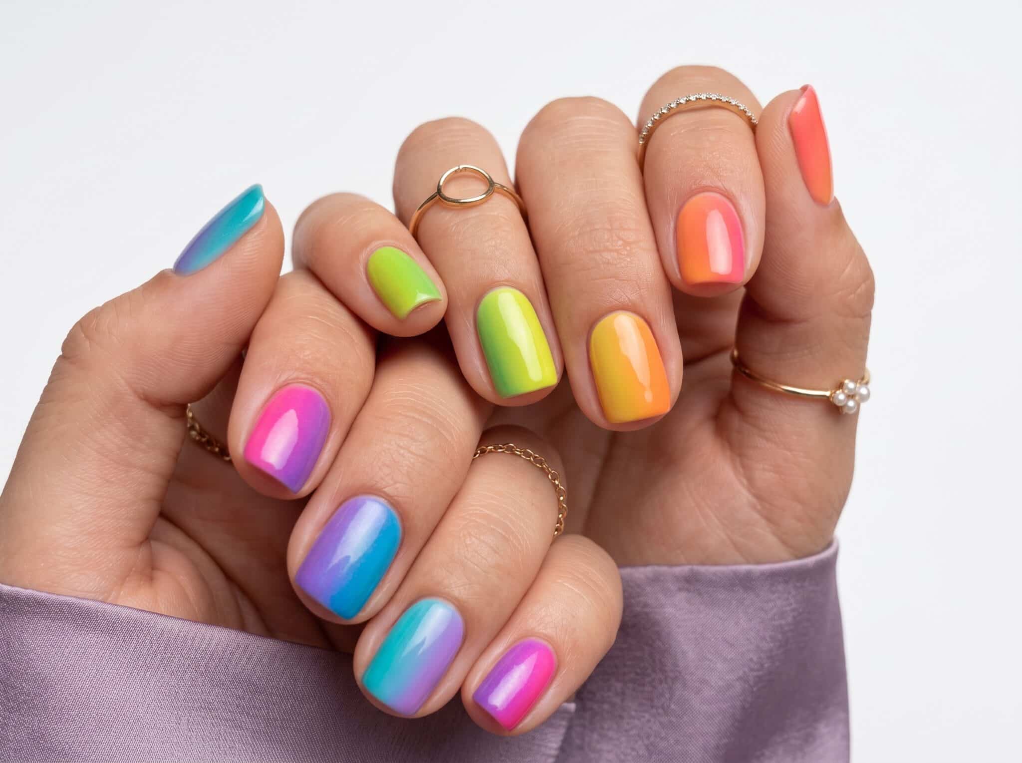 Colorful glossy summer nail mix with pink blue and yellow accent designs