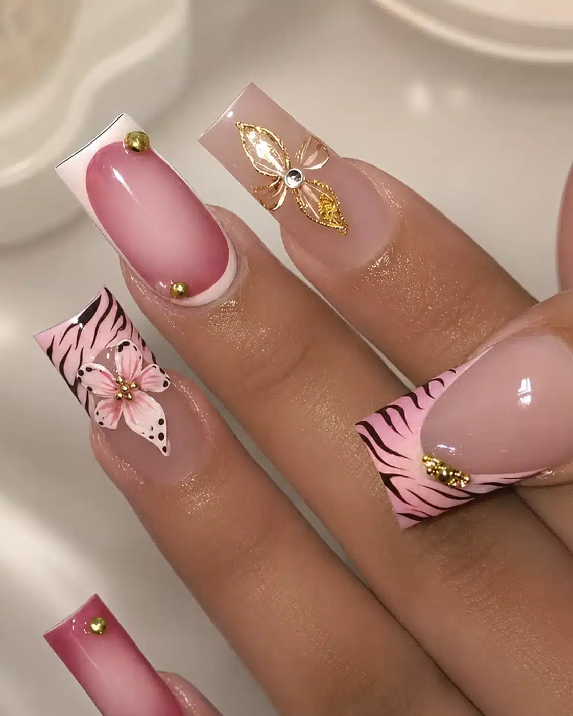 Pink floral square summer nails