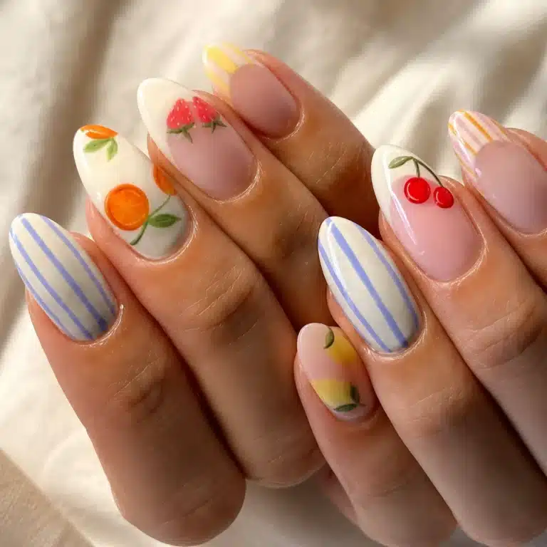 Gel nail inspo summer with fruit and floral accent nails