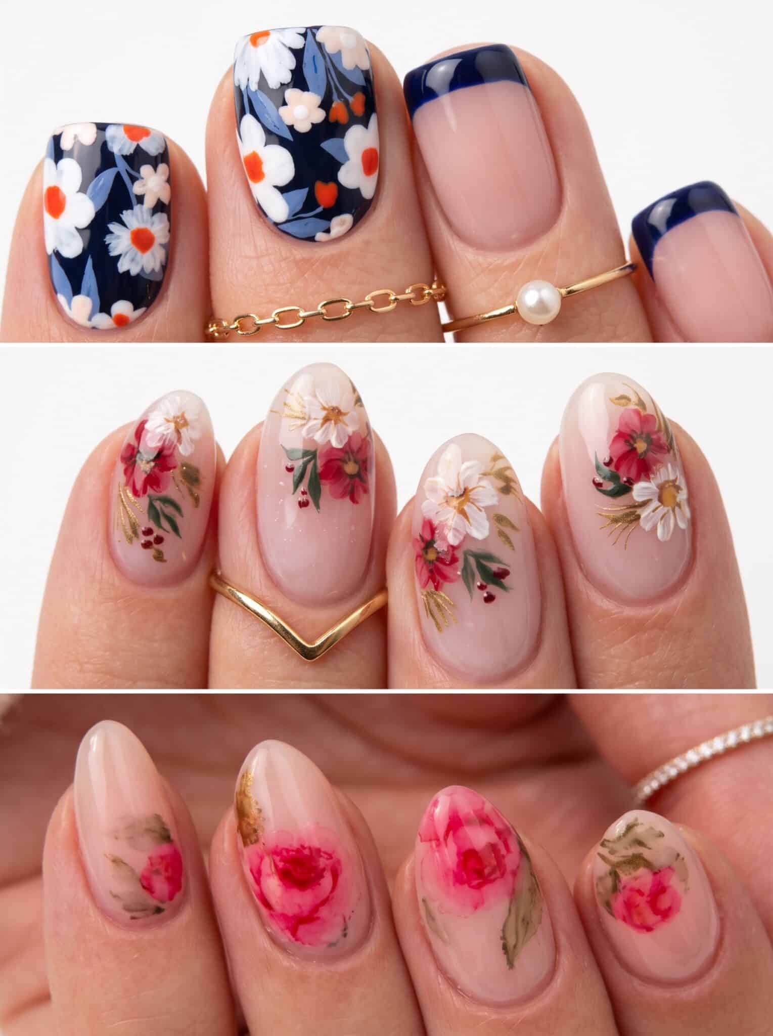 Hot pink summer nails with colorful floral accent details