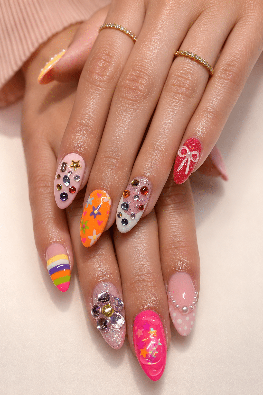 Bold mixed summer trend nails with bright statement designs