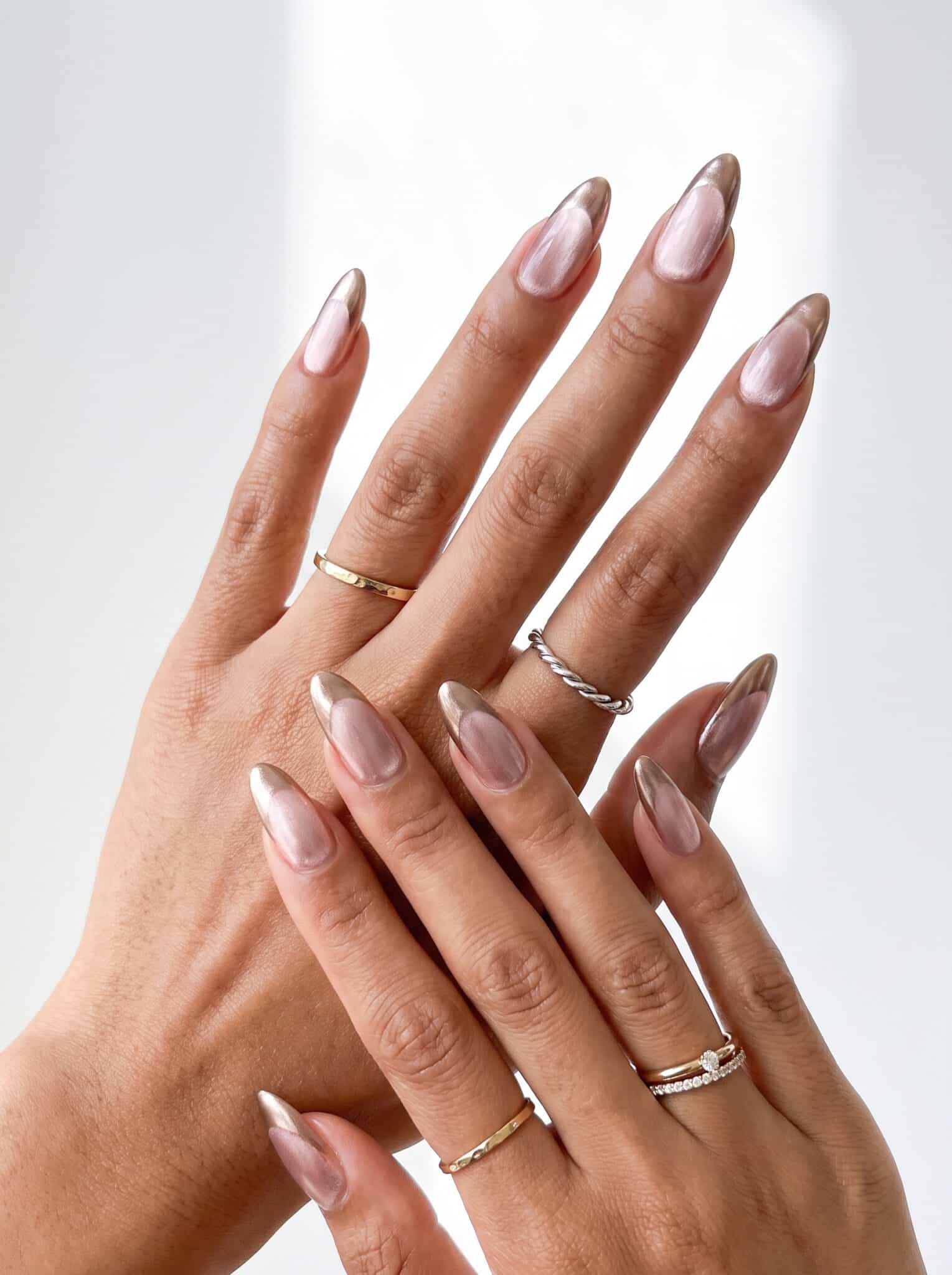 Bronze glazed summer nails with a glossy neutral shimmer
