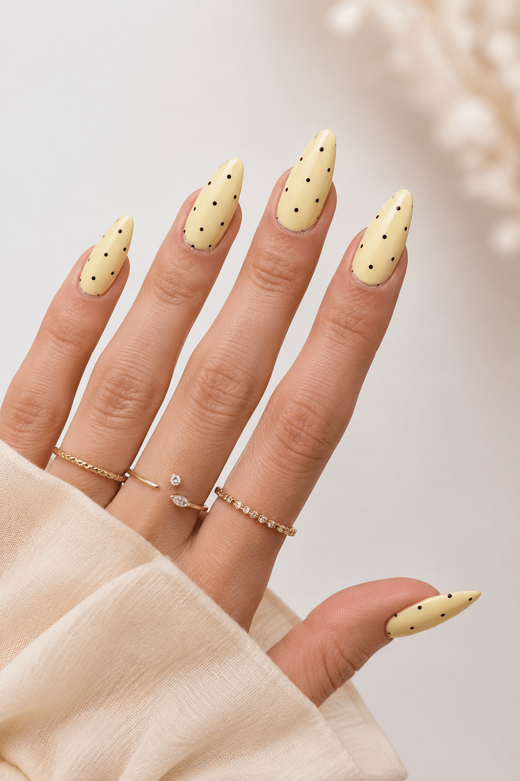 Butter yellow micro dot summer nails 2026 with soft glossy details