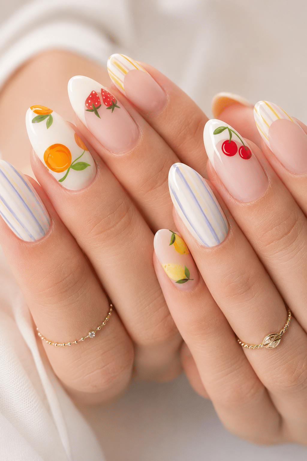 Citrus stripe classy summer nails 2026 with fruit-inspired glossy details