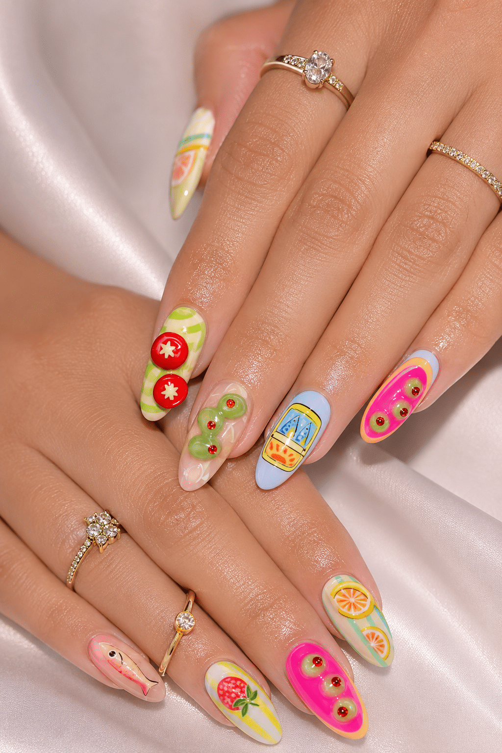 Colorful fruit summer acrylic nails 2026 with glossy bright nail art