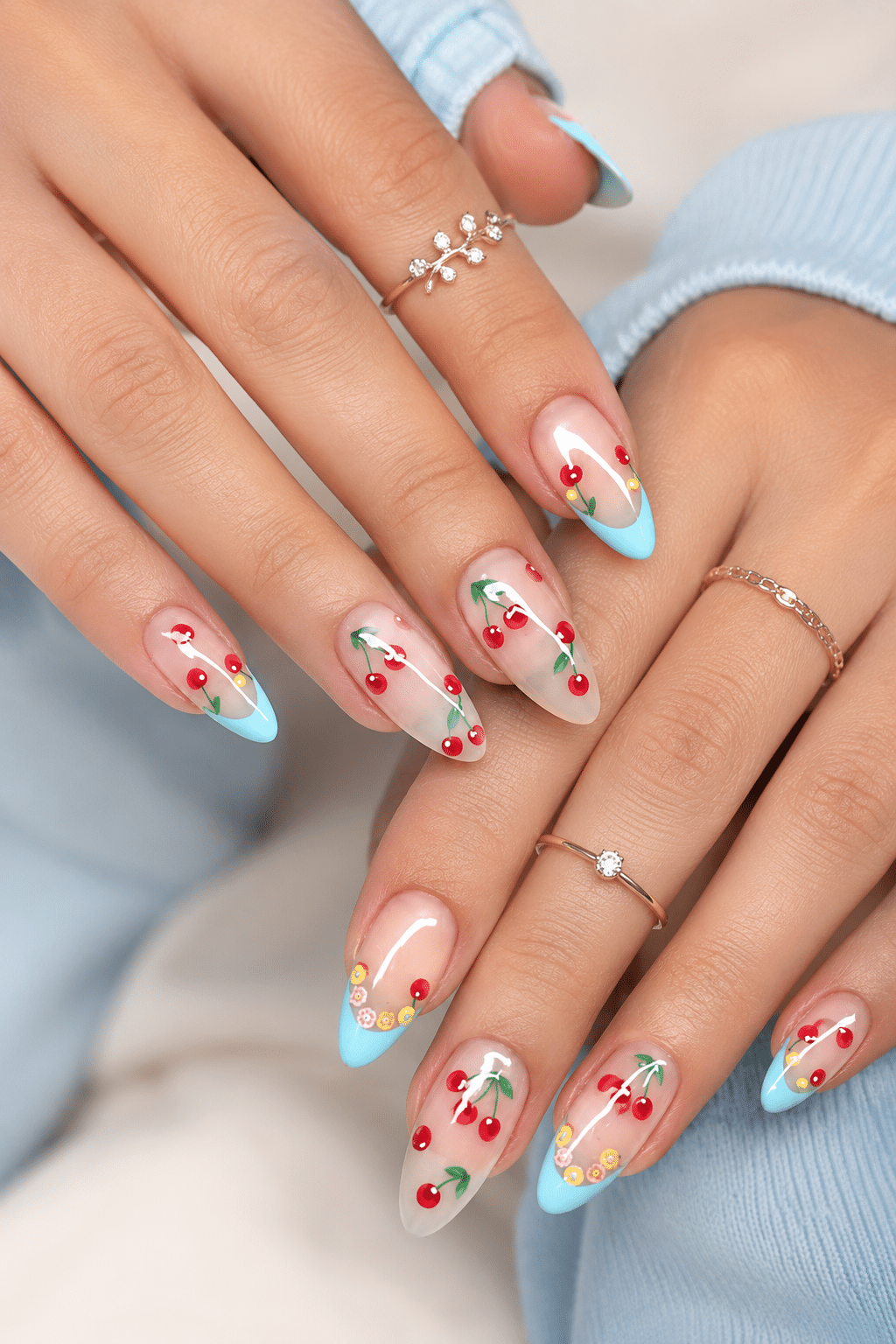 Floral short summer acrylic nails 2026 with tiny colorful flower nail art