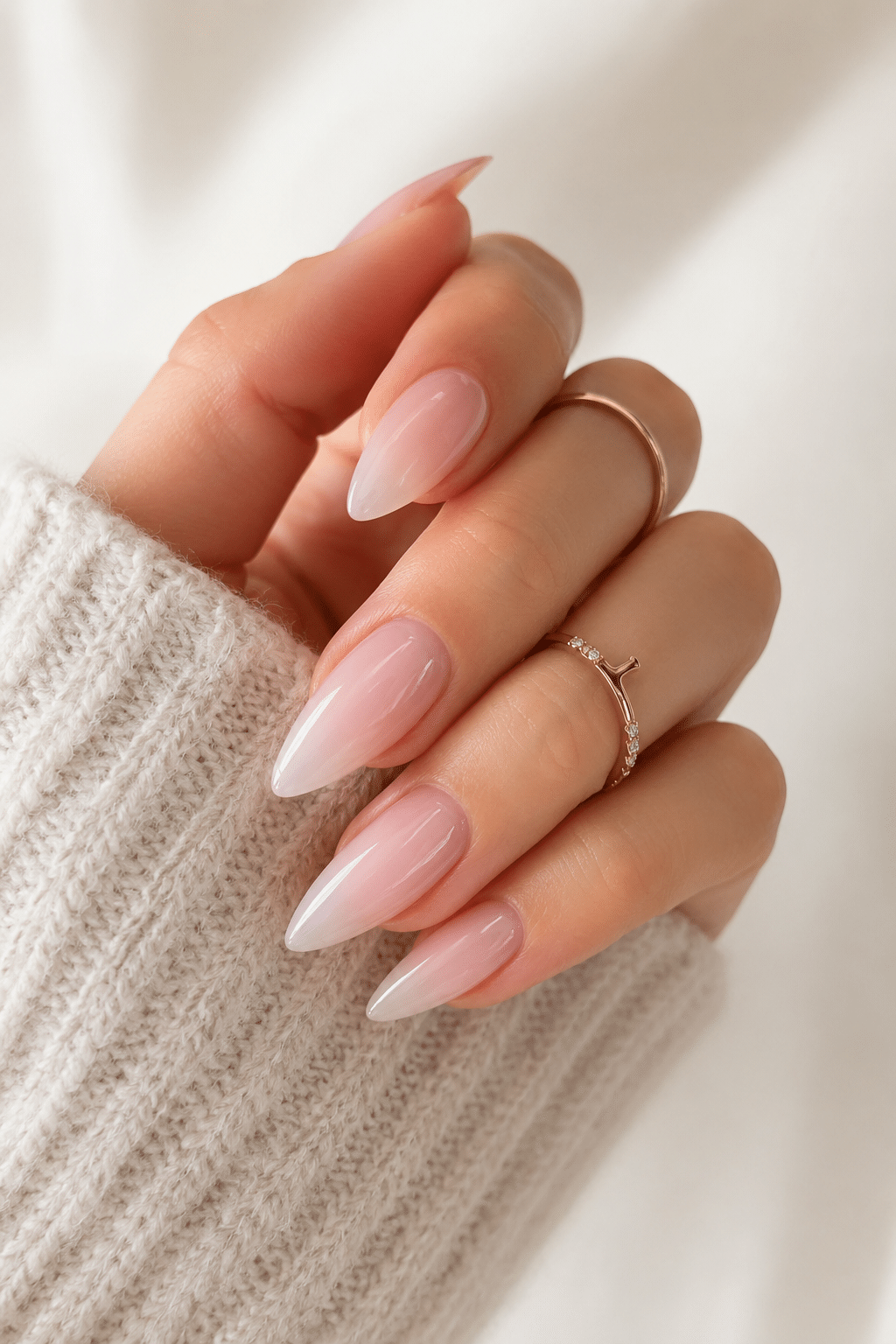 Glossy nude almond summer acrylic nails 2026 with clean salon manicure finish