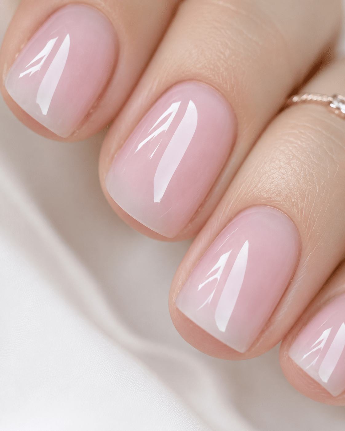 Glossy pink jelly summer nails with a translucent juicy finish