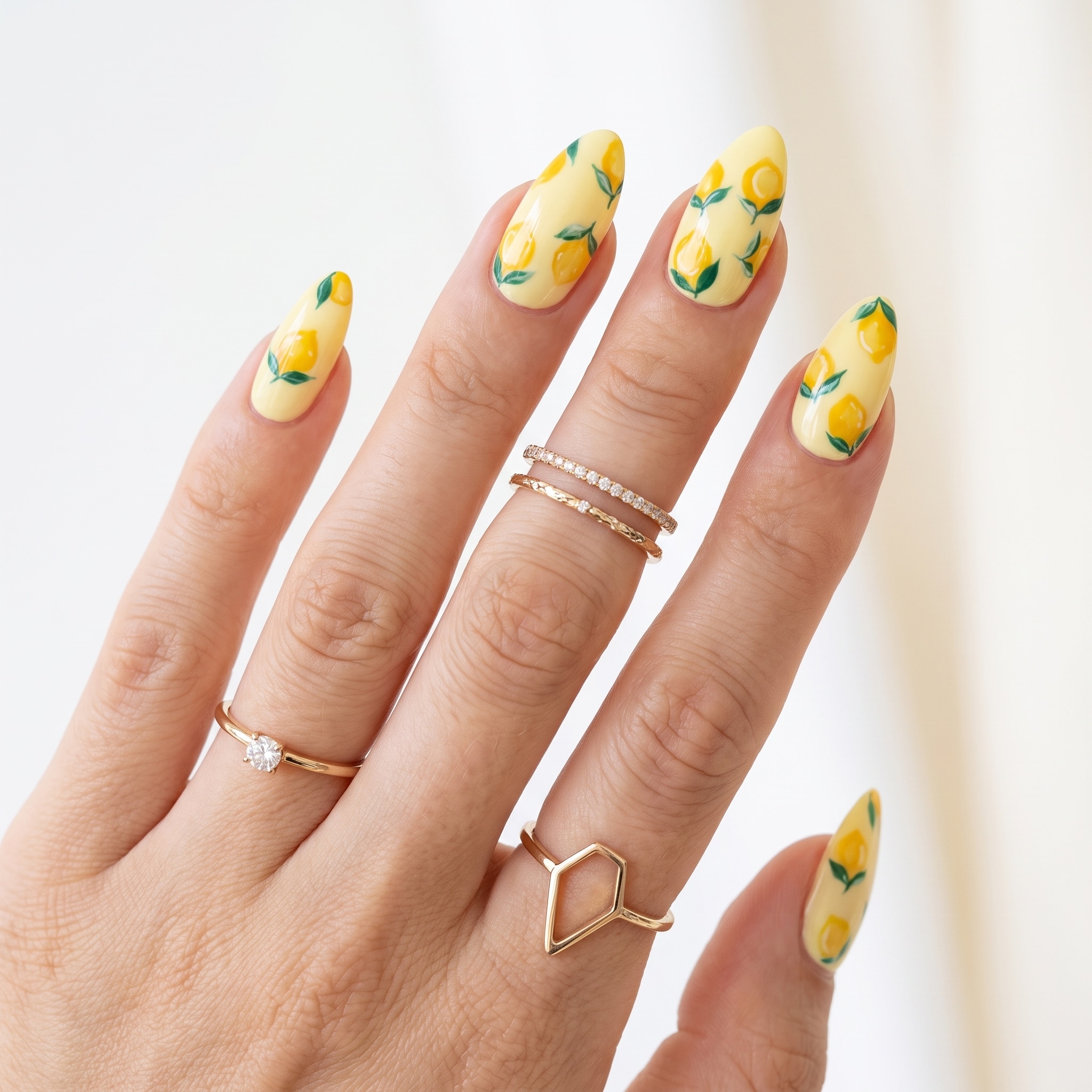 Lemon citrus summer nails with bright yellow fruit nail art