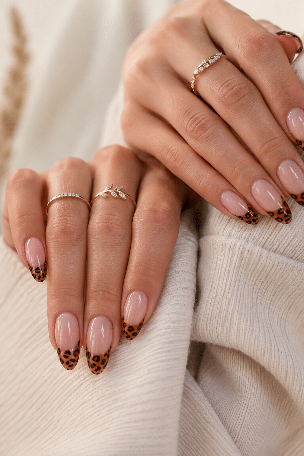Leopard French summer nails 2026 with chic animal print tips