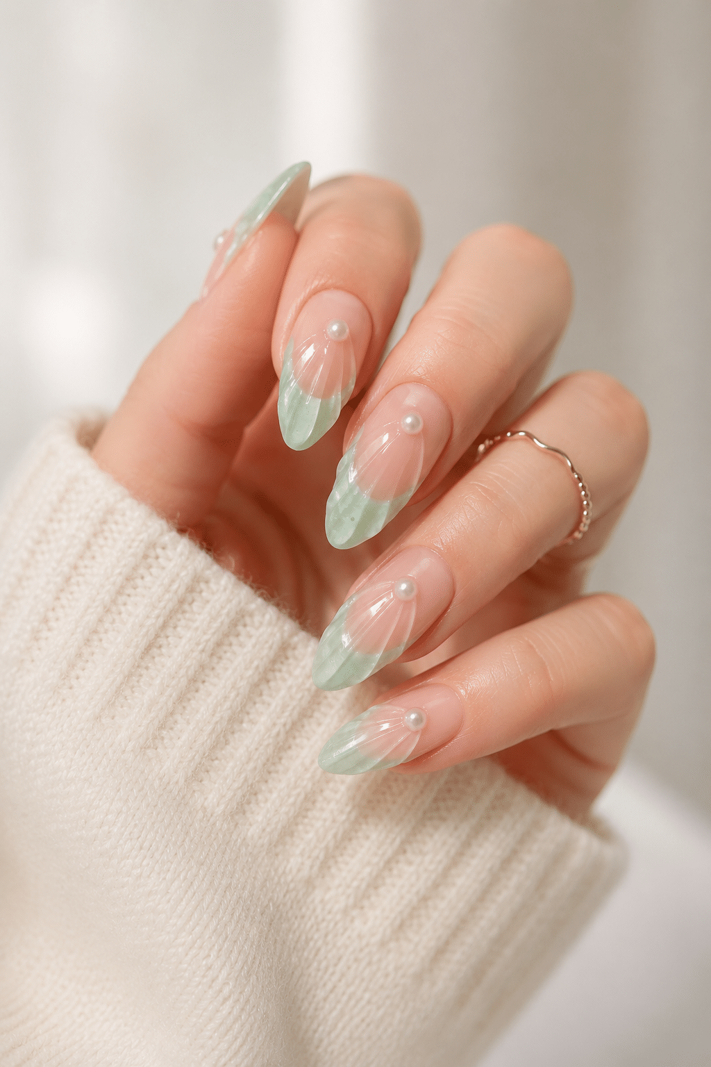 Mermaid ocean French summer nails 2026 with soft blue glossy tips