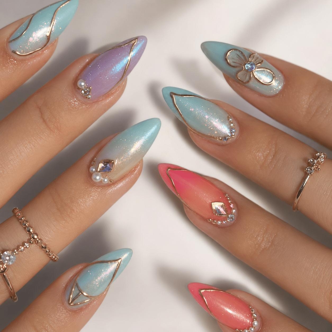 Mermaid pastel chrome summer nails with iridescent mixed shades