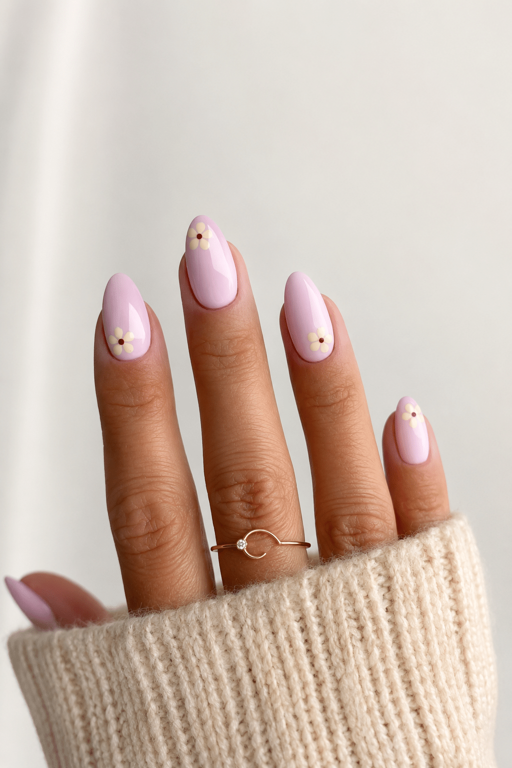 Milky lilac micro flower nails 2026 with delicate floral accents
