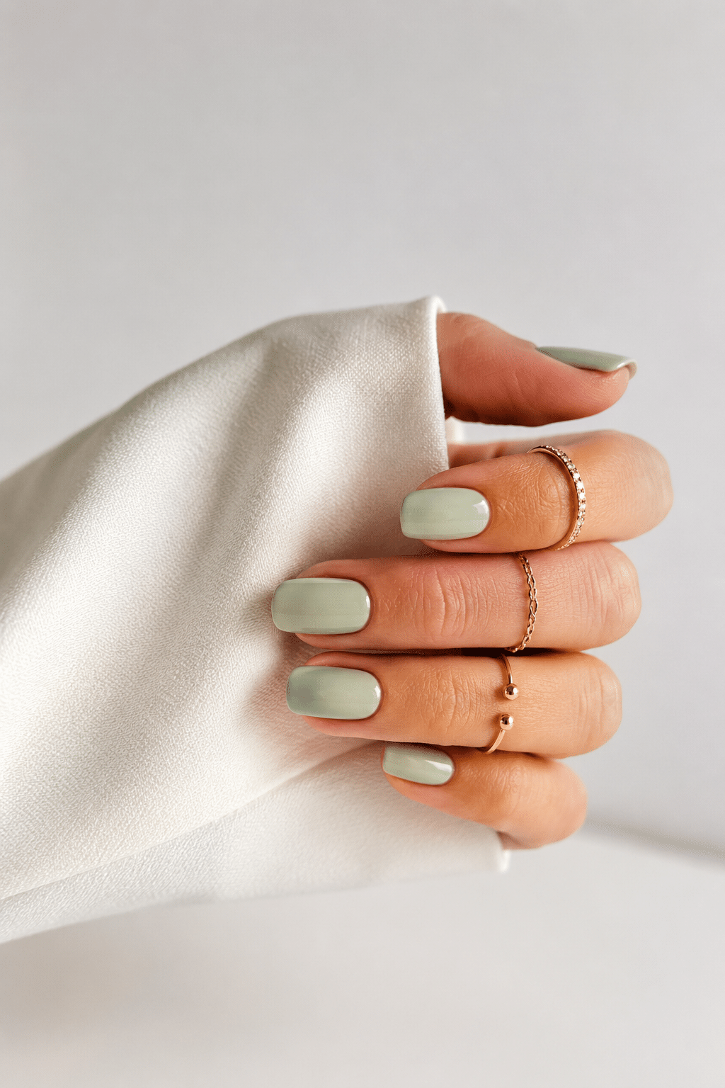 Minimal sage green summer nails 2026 with a clean glossy finish