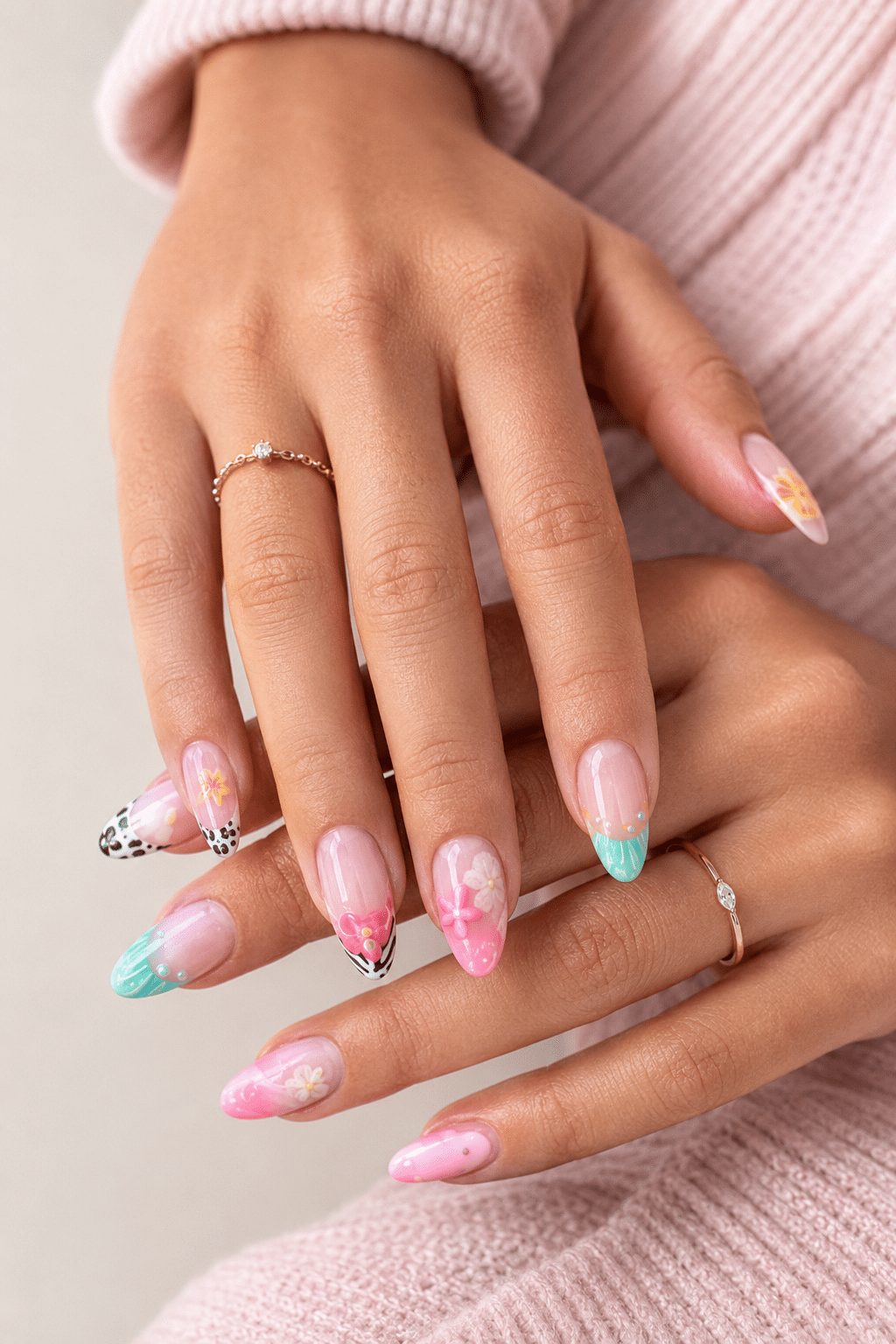 Pink aqua floral summer acrylic nails 2026 with glossy flower nail art