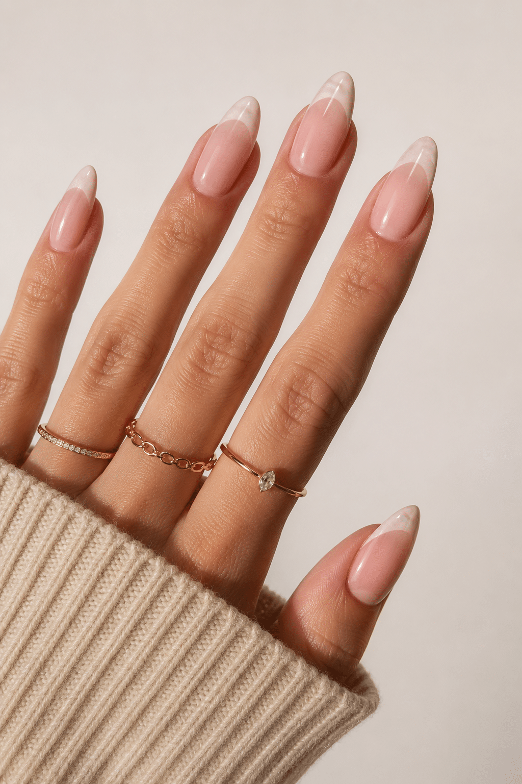 Short natural milky nails with a clean glossy summer finish