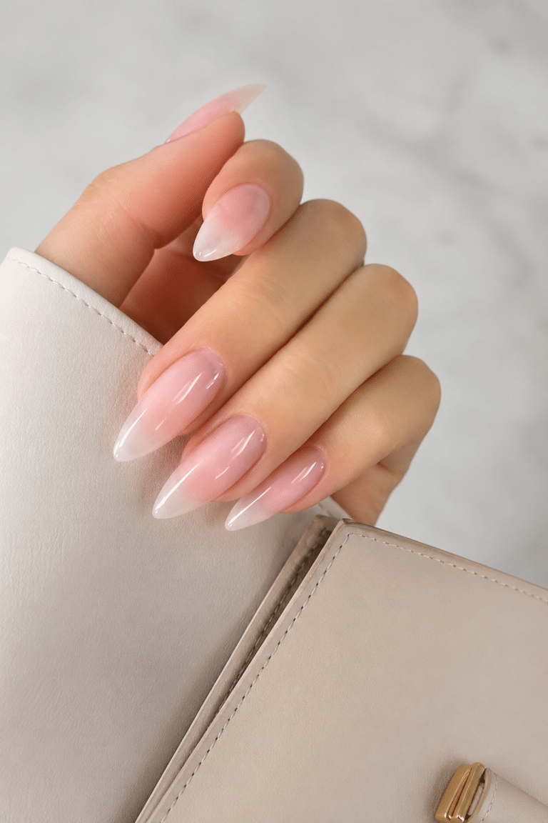 Soft nude almond classy summer nails 2026 with a glossy elegant finish