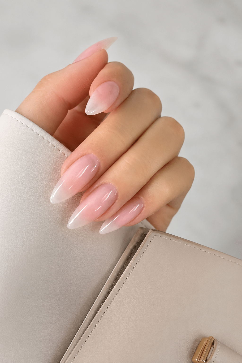 Soft nude almond classy summer nails 2026 with a glossy elegant finish
