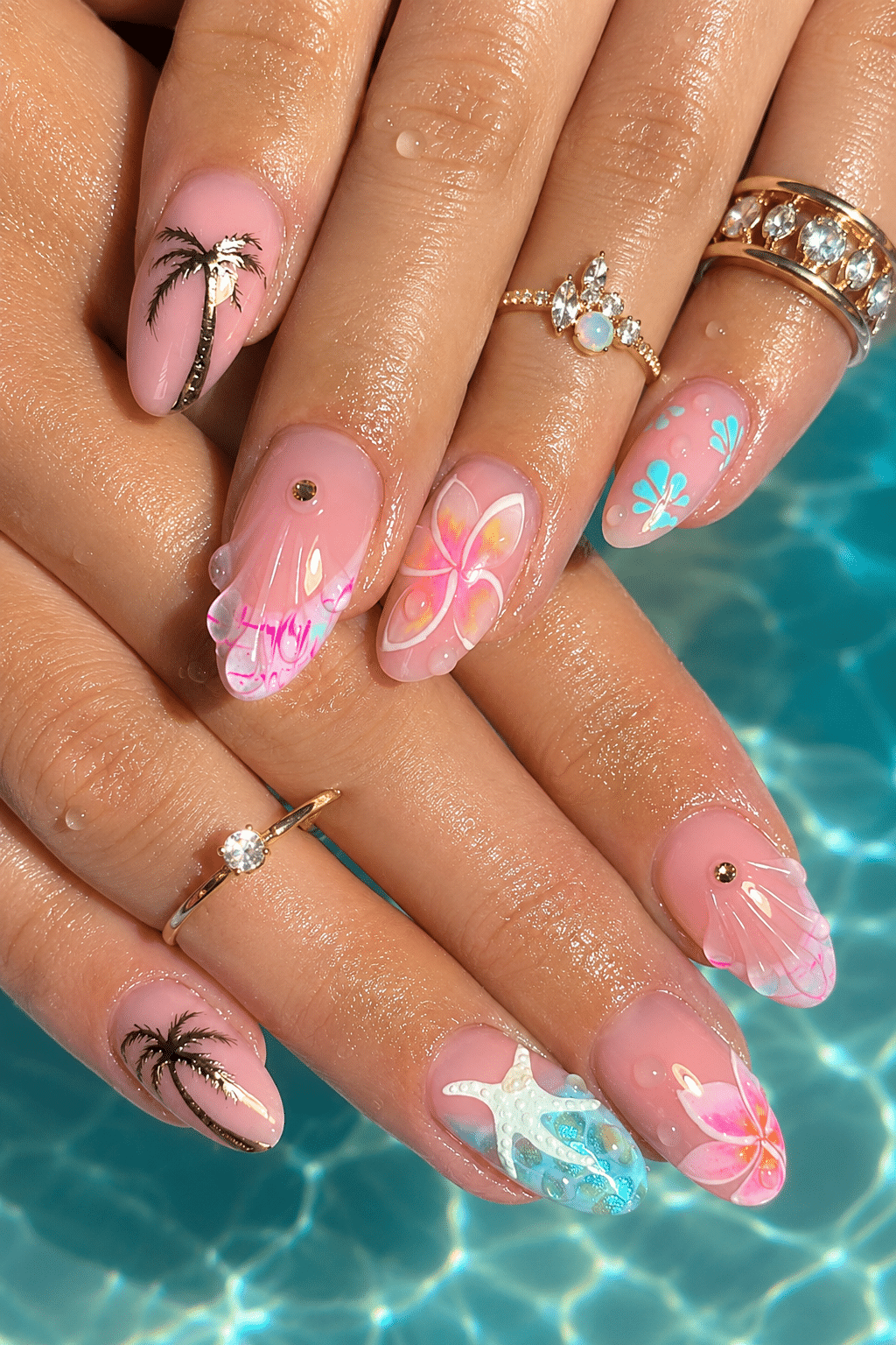 Tropical flower summer acrylic nails 2026 with bright glossy floral nail art