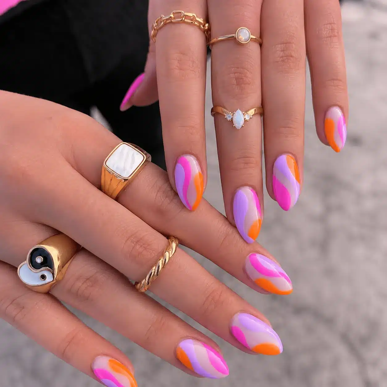 Neon pink and orange micro French tips