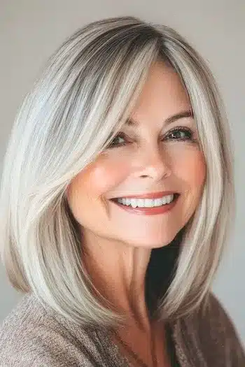 34 Elegant Short Hairstyles for Women Over 70 with Fine Hair 37 Short Hairstyles for Women Over 70 With Fine Hair - Face-framing long bob on smiling woman in her 50s with blondish gray hair.